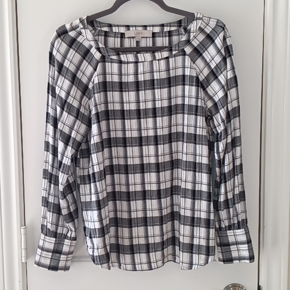 Loft Black and Ivory Plaid Blouse Sz M